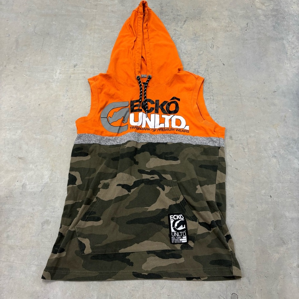 MENS SMALL ECKO UNLTD ORANGE/BLUE CAMO SLEEVELESS HOODED SHIRT